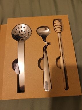 Stainless Steel Bar Spoon, Hawthorne Strainer and Honey Dipper Set - Silver